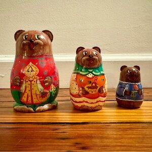 Set of 3 Matryoshka Wooden Russian Bear Nesting Dolls